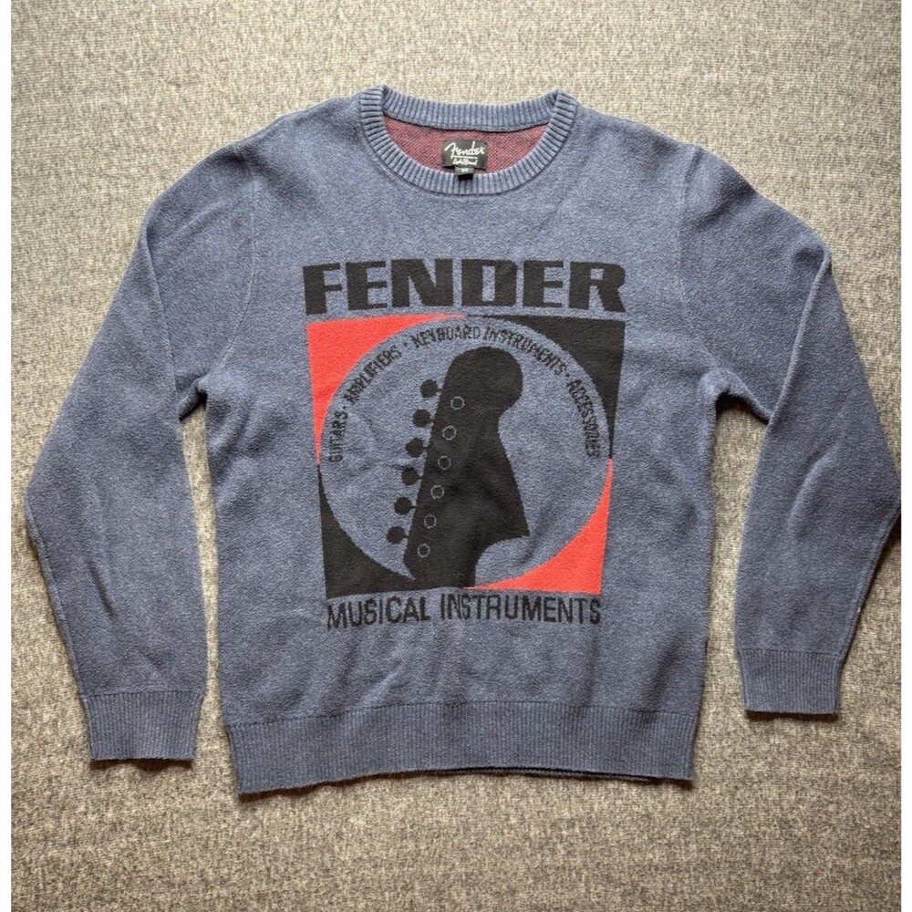 Fender x Lucky Brand Sweater Womens Medium Blue Long Sleeve Guitar Graphic Top